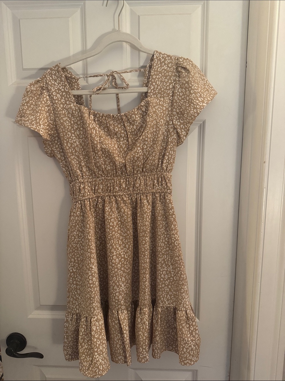 Altar'd State Tan & White Ruffle-Hem Smocked Waist Dress
